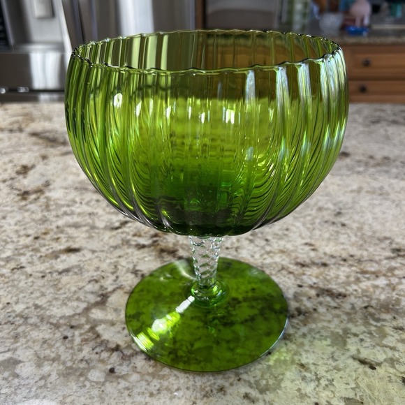 Vintage Empoli Green Ribbed Glass Pedestal Compote Bowl Scalloped Rim - Picture 3 of 7